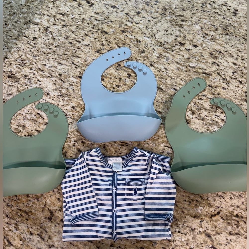 Baby 4 Piece Bundle Ralph Lauren Stripe Romper & 3 Silicone Pocket Bibs 3M